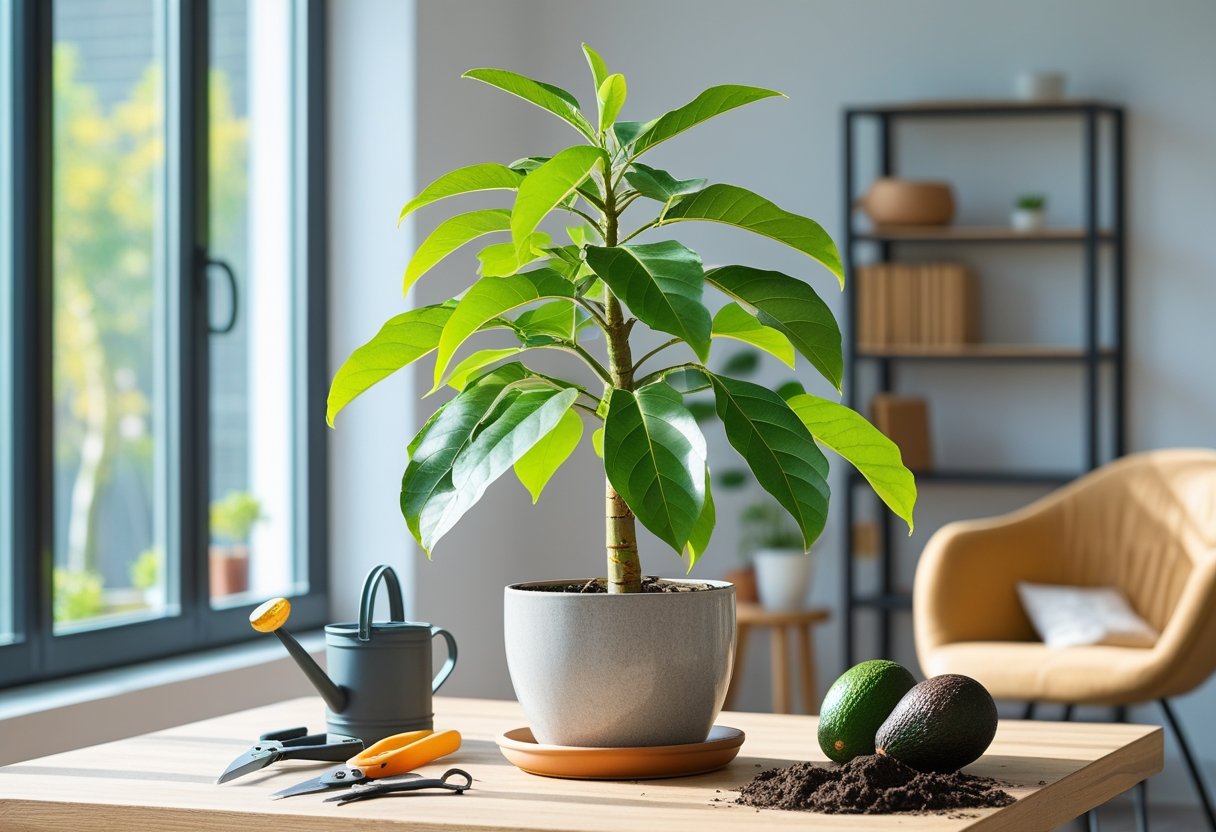 An avocado plant growing indoors in a pot near a sunny window with gardening tools on a wooden table.