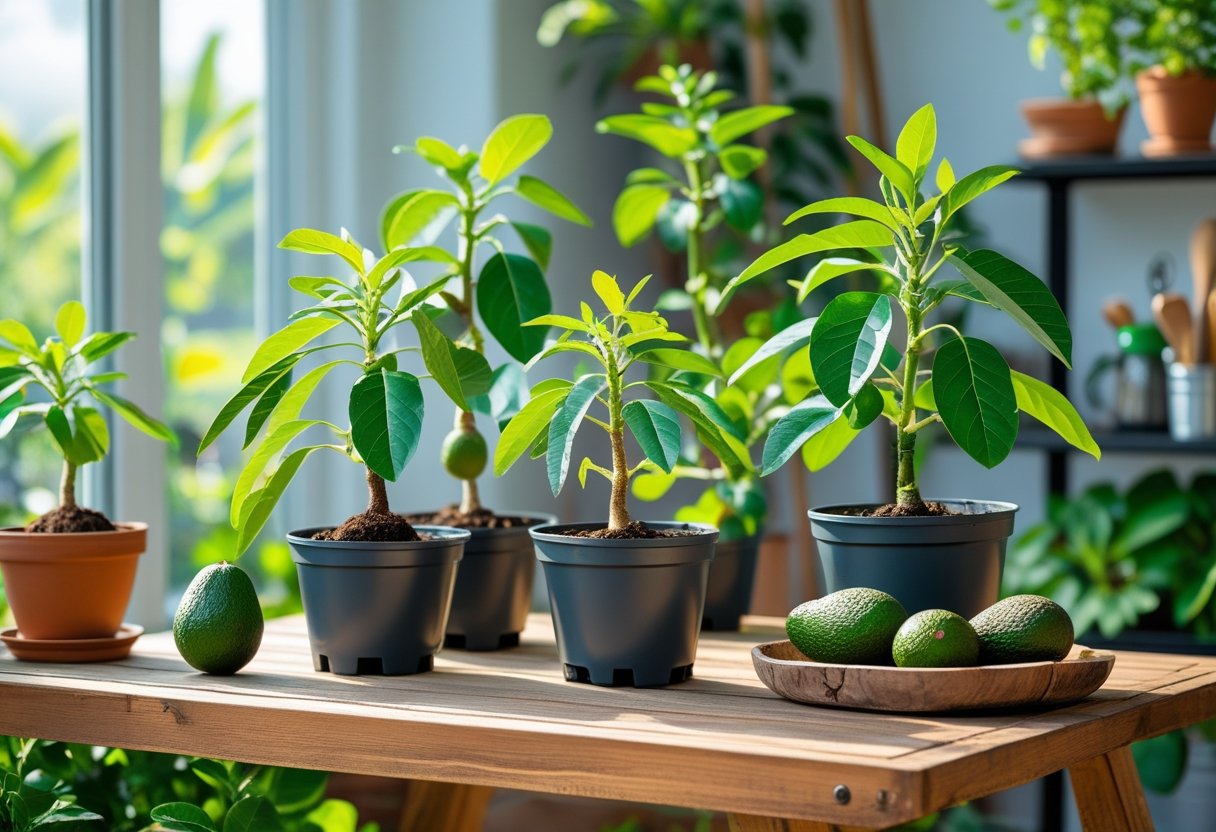 Indoor scene with several healthy avocado plants growing in pots near a sunlit window, surrounded by gardening tools and ripe avocados on a wooden table. How to Grow Avocados Indoors