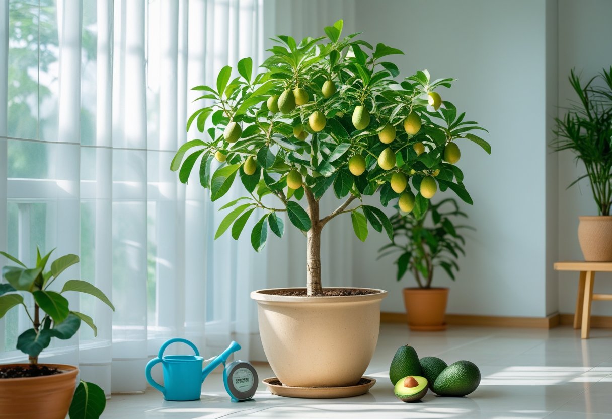 An indoor avocado plant thriving near a sunny window with gardening tools nearby in a bright room.