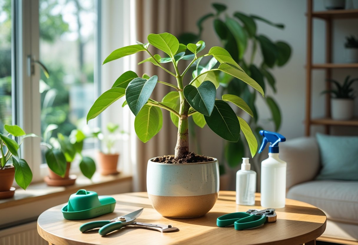 An indoor avocado plant growing in a ceramic pot on a wooden table near a sunny window with gardening tools nearby.