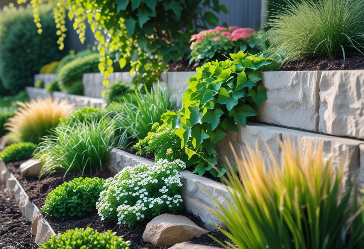 A stone retaining wall surrounded by various green plants and colorful flowers growing along and around it.