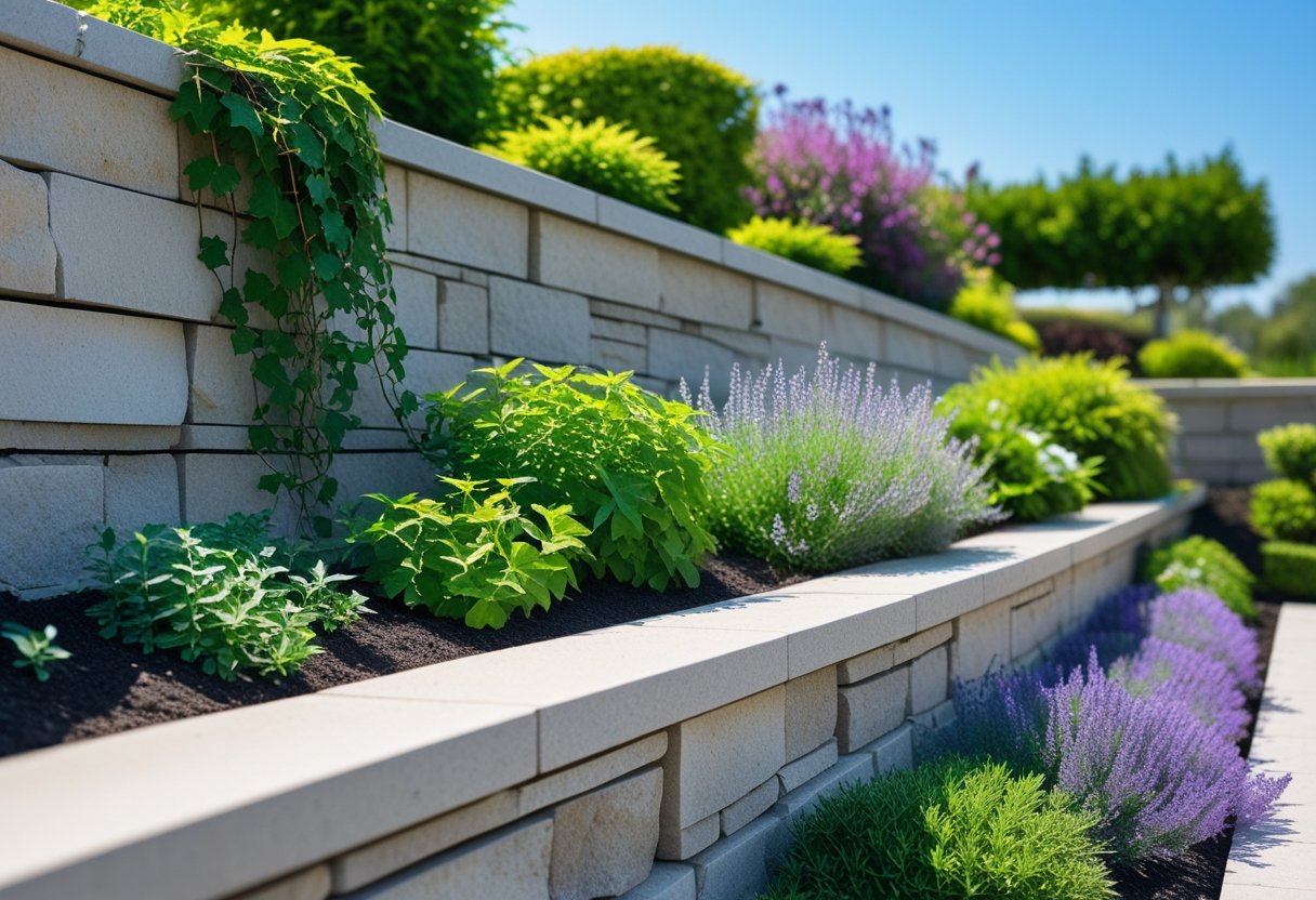 A stone retaining wall with various green and flowering plants growing along it under a clear sky. Good Plants for Retaining Walls