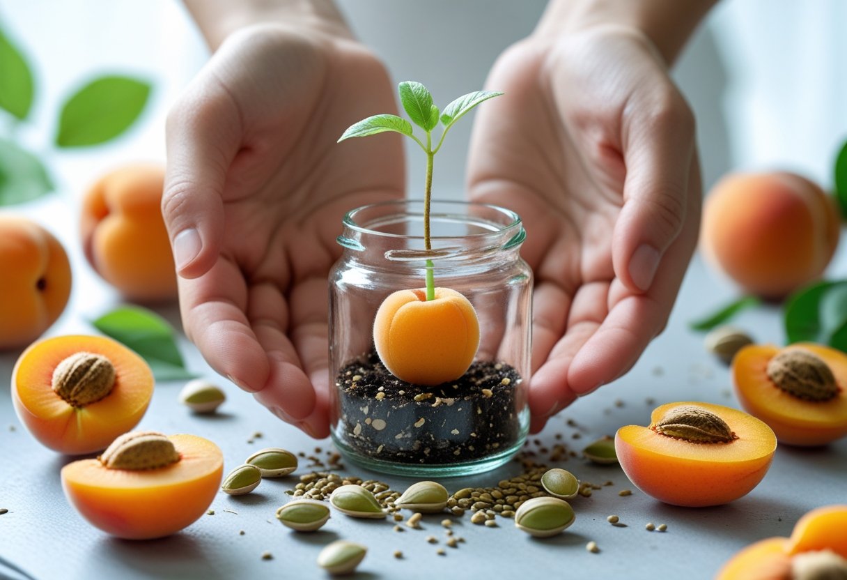 Hands holding a small jar with soil and a sprouting apricot seed, surrounded by apricot seeds and halved apricots.