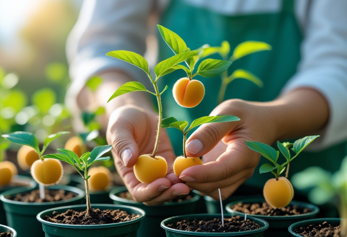 Hands caring for young apricot seedlings growing in small pots. Growing Apricots from Seeds