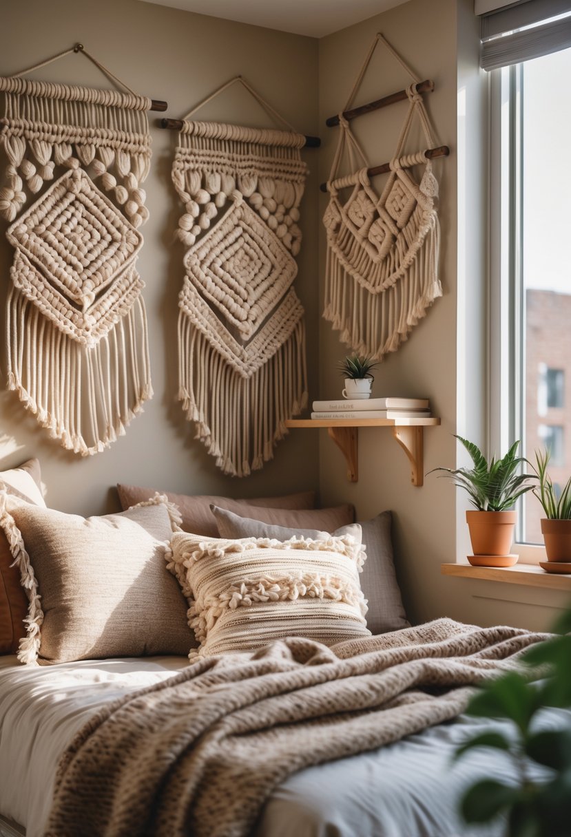 21 Aesthetic Dorm Room Designs For A Stylish And Functional Space 3 A cozy dorm room corner with a bed, macrame wall hangings, plants, and wooden shelves.