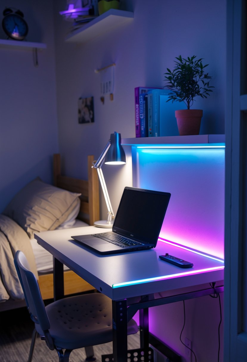 21 Aesthetic Dorm Room Designs For A Stylish And Functional Space 4 A clean desk with a laptop, desk lamp, and potted plant in a dorm room illuminated by colorful LED strip lights.