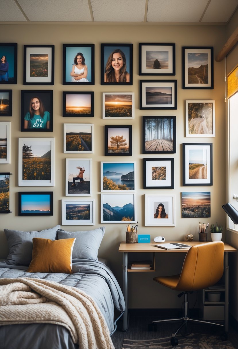 21 Aesthetic Dorm Room Designs For A Stylish And Functional Space 5 A dorm room with a gallery wall displaying personal photos and art prints above a bed and desk.