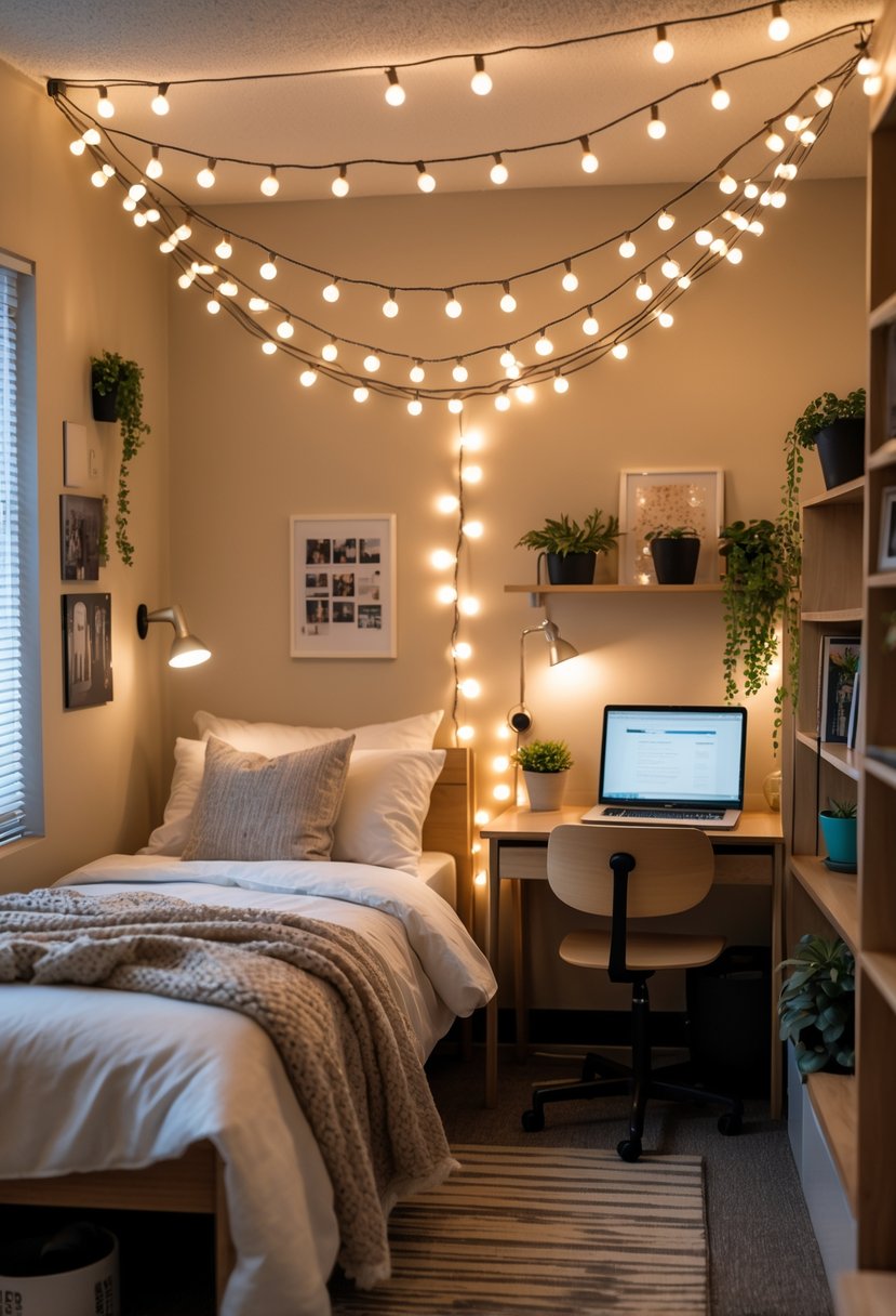 21 Aesthetic Dorm Room Designs For A Stylish And Functional Space 6 A dorm room with string lights hanging across the ceiling, a bed, desk, and decorative plants.