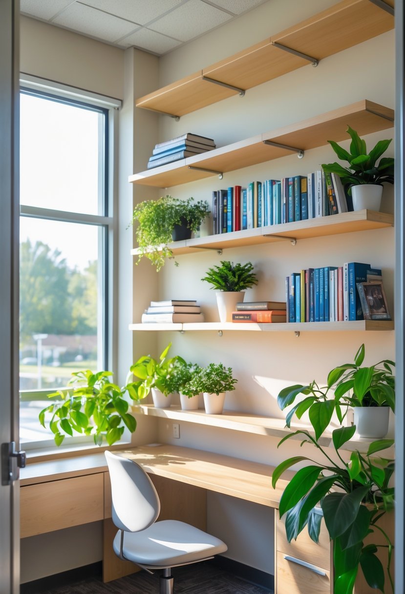 21 Aesthetic Dorm Room Designs For A Stylish And Functional Space 7 A dorm room wall with floating shelves holding books and potted plants next to a desk.