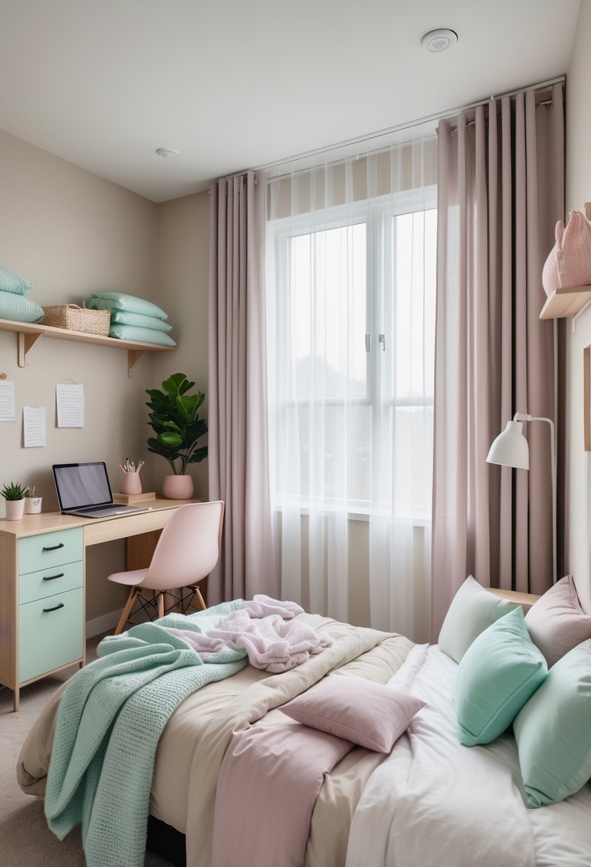 21 Aesthetic Dorm Room Designs For A Stylish And Functional Space 8 A dorm room with a neatly made bed, a wooden desk with a laptop, a pastel-colored chair, and a small plant near a window with sheer curtains.