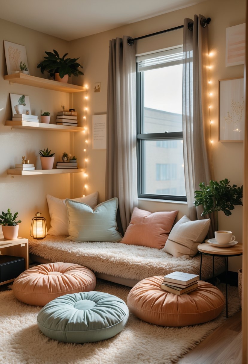 21 Aesthetic Dorm Room Designs For A Stylish And Functional Space 9 A cozy dorm room reading nook with floor pillows, bookshelves, a window letting in natural light, and a small side table with a cup and books.