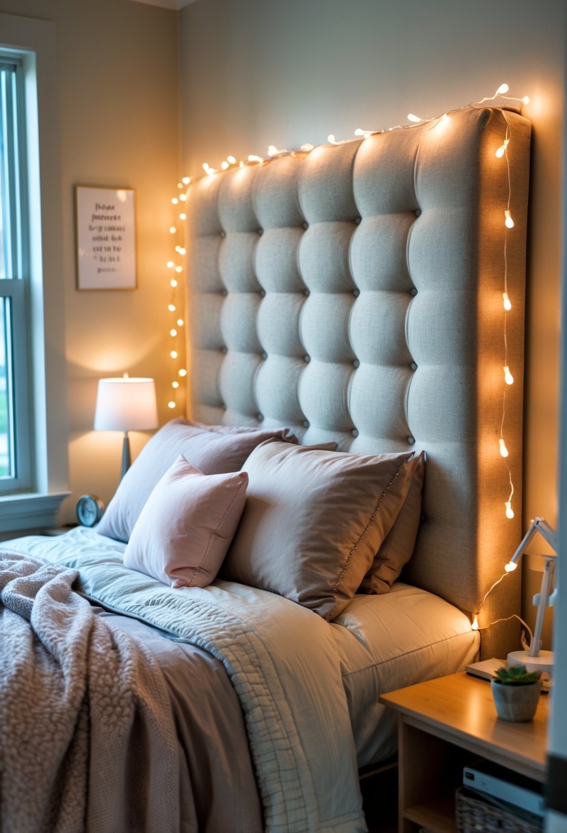 21 Aesthetic Dorm Room Designs For A Stylish And Functional Space 10 A dorm room with a bed featuring a fabric-covered headboard decorated with warm fairy lights and soft bedding.