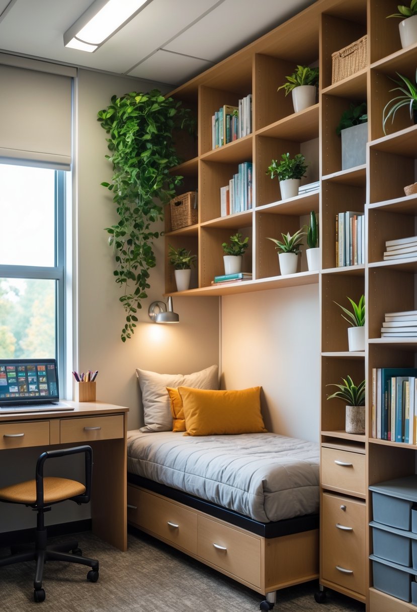21 Aesthetic Dorm Room Designs For A Stylish And Functional Space 11 A small dorm room with vertical shelves, a bed with storage drawers, a desk near a window, and organized items creating a neat and functional space.