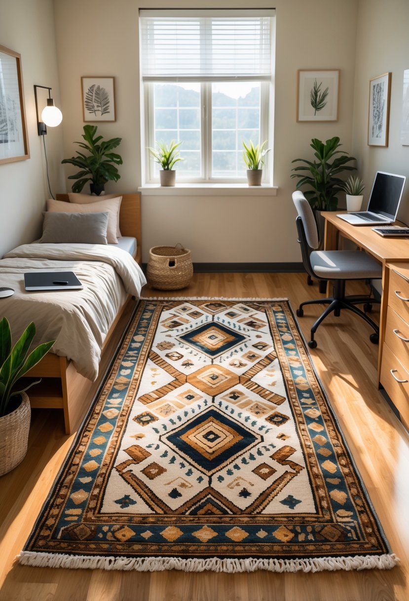 21 Aesthetic Dorm Room Designs For A Stylish And Functional Space 12 A dorm room with a patterned area rug on the floor, a bed, desk with a laptop, chair, and plants near a window.