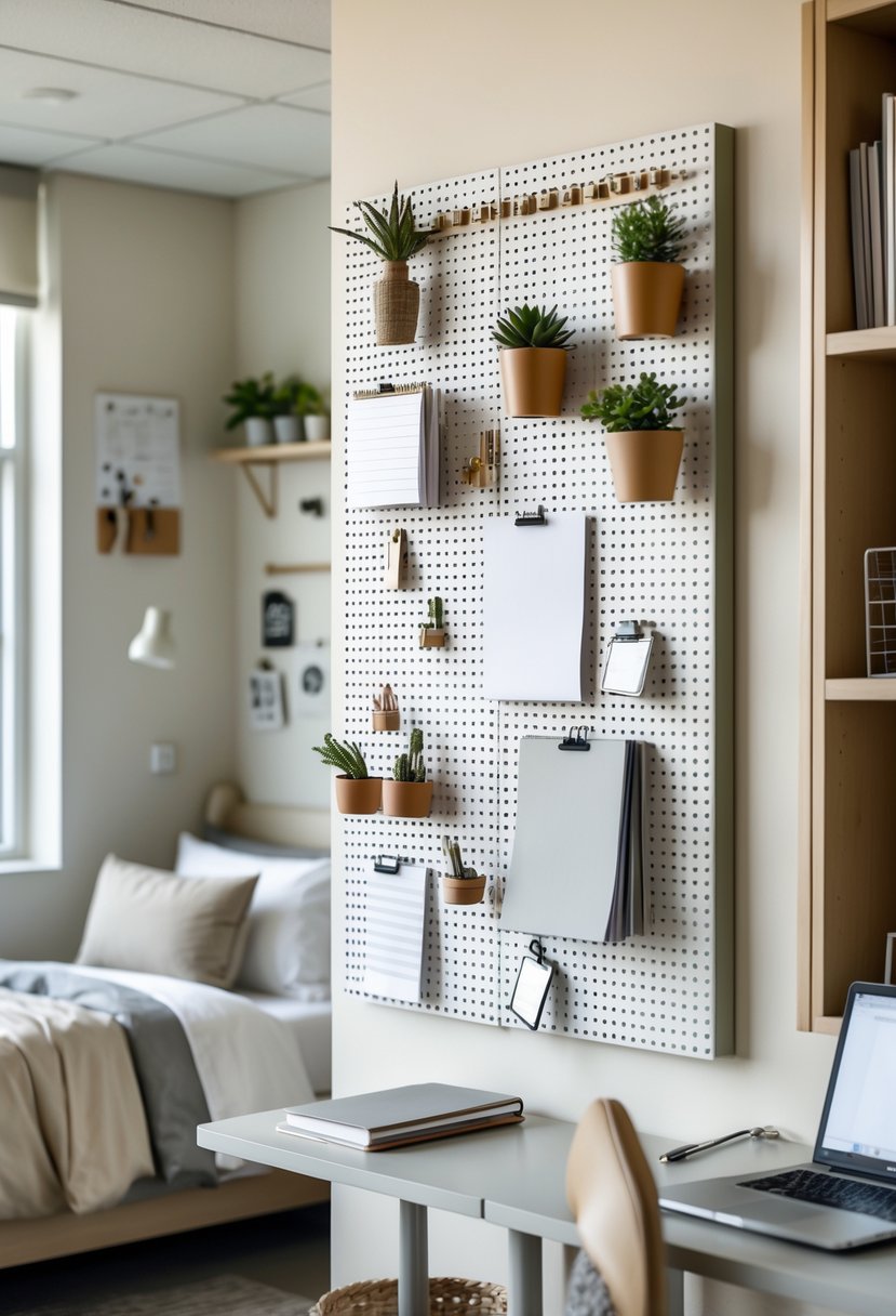 21 Aesthetic Dorm Room Designs For A Stylish And Functional Space 13 A dorm room with a wall-mounted pegboard organizer holding plants, books, and stationery above a desk and bed.