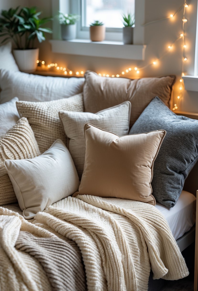 21 Aesthetic Dorm Room Designs For A Stylish And Functional Space 14 A cozy dorm room corner with a bed covered in layered textured blankets and several cushions, next to a small nightstand with a plant and warm lighting.