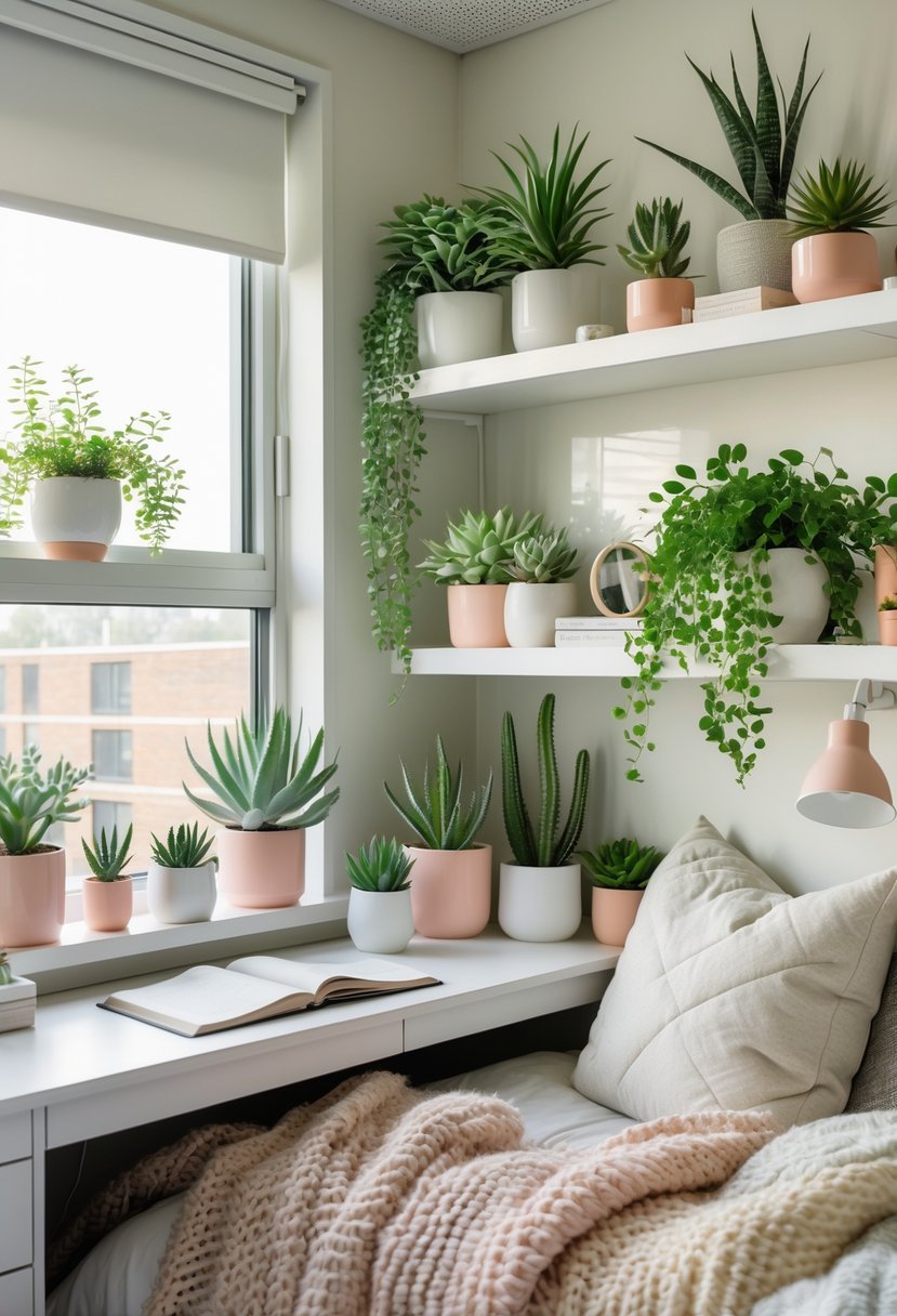 21 Aesthetic Dorm Room Designs For A Stylish And Functional Space 15 A dorm room with various succulents and low-maintenance plants placed on shelves, a desk, and windowsill, with modern furniture and natural light coming through a window.