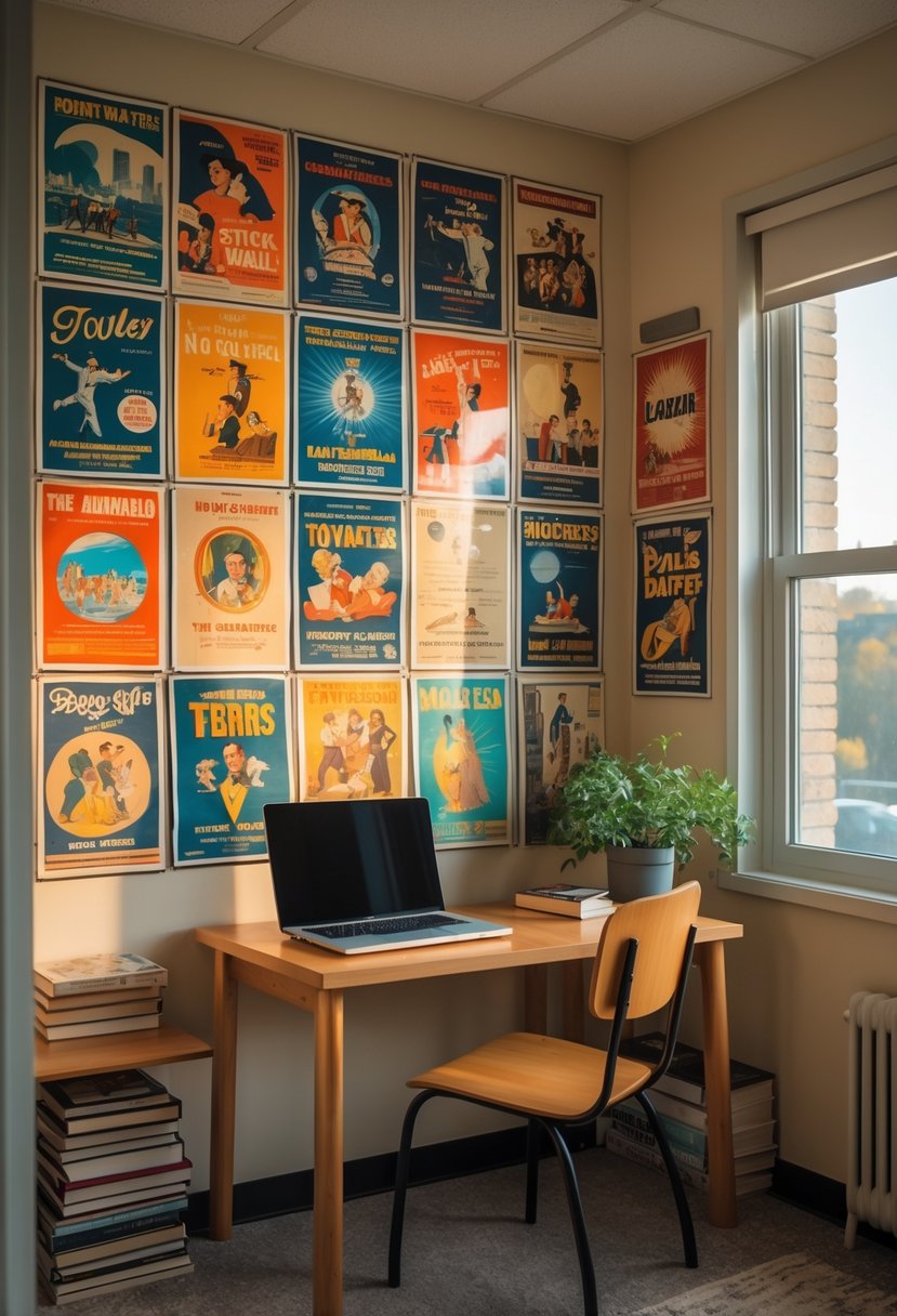 21 Aesthetic Dorm Room Designs For A Stylish And Functional Space 16 A dorm room wall covered with a colorful collage of vintage posters, a wooden desk with a laptop, books, and a small plant under soft natural light.