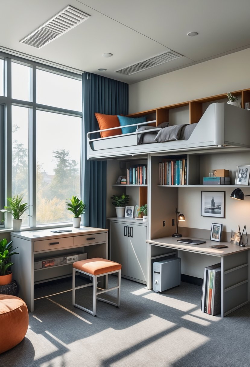 21 Aesthetic Dorm Room Designs For A Stylish And Functional Space 17 A dorm room with a loft bed, desk, storage seating, foldable table, and shelves filled with books and plants.