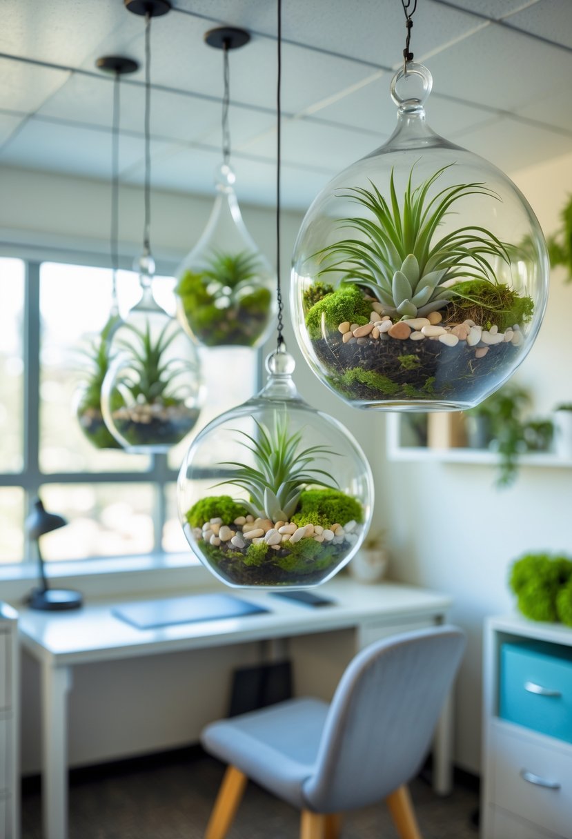 21 Aesthetic Dorm Room Designs For A Stylish And Functional Space 18 A dorm room with hanging glass terrariums containing green air plants, sunlight coming through a window, and a desk in the background.