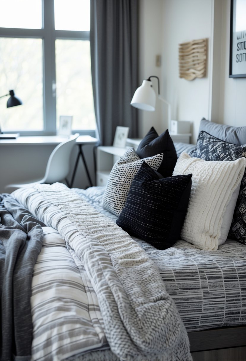 21 Aesthetic Dorm Room Designs For A Stylish And Functional Space 19 A dorm room with a bed featuring monochrome bedding and several accent pillows, a bedside table with a lamp, and a study desk near a window.