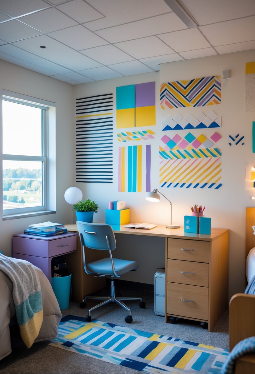 21 Aesthetic Dorm Room Designs For A Stylish And Functional Space 20 A dorm room with colorful geometric washi tape wall art and a desk with study materials.