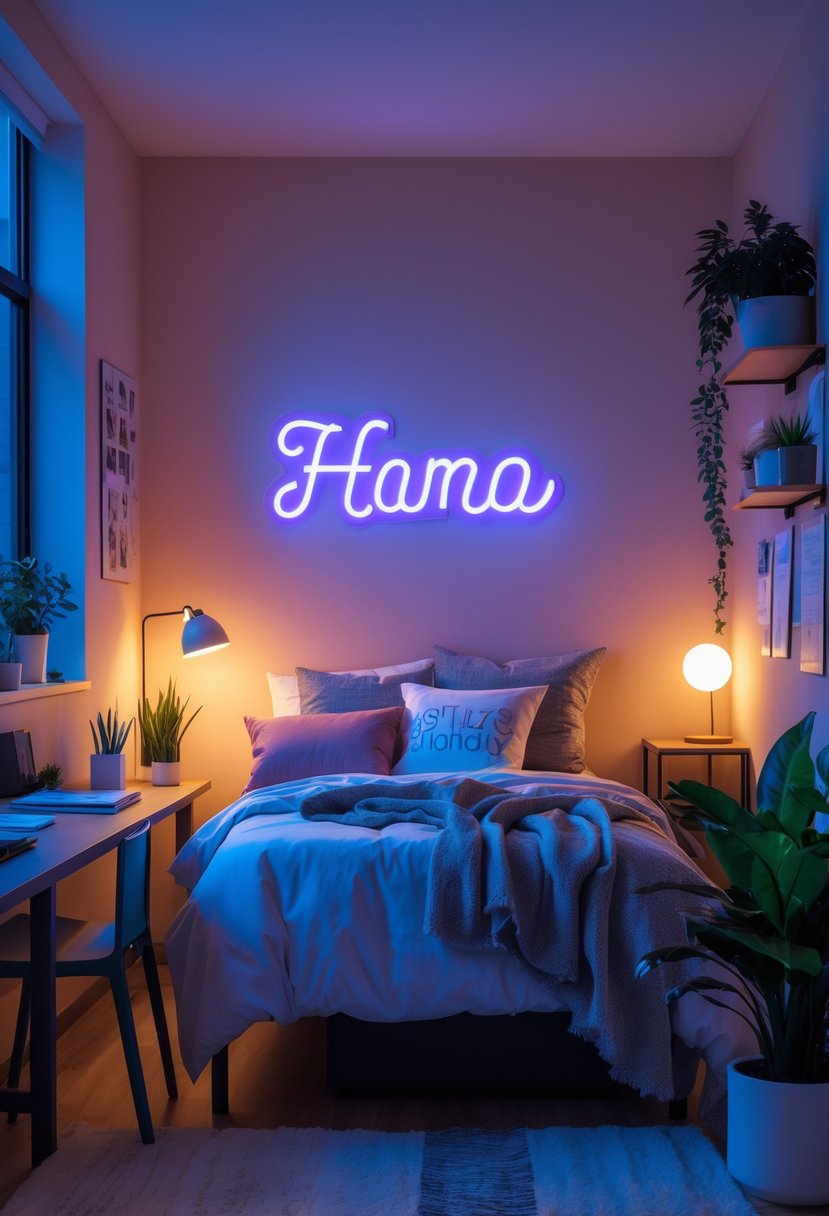 21 Aesthetic Dorm Room Designs For A Stylish And Functional Space 21 A dorm room with a glowing neon sign on the wall, cozy bedding, a desk with study materials, and decorative plants.