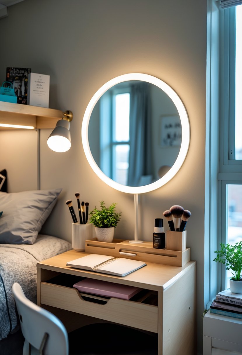 21 Aesthetic Dorm Room Designs For A Stylish And Functional Space 22 Compact wooden vanity with a round mirror, makeup items, and a lamp in a tidy dorm room with natural light.