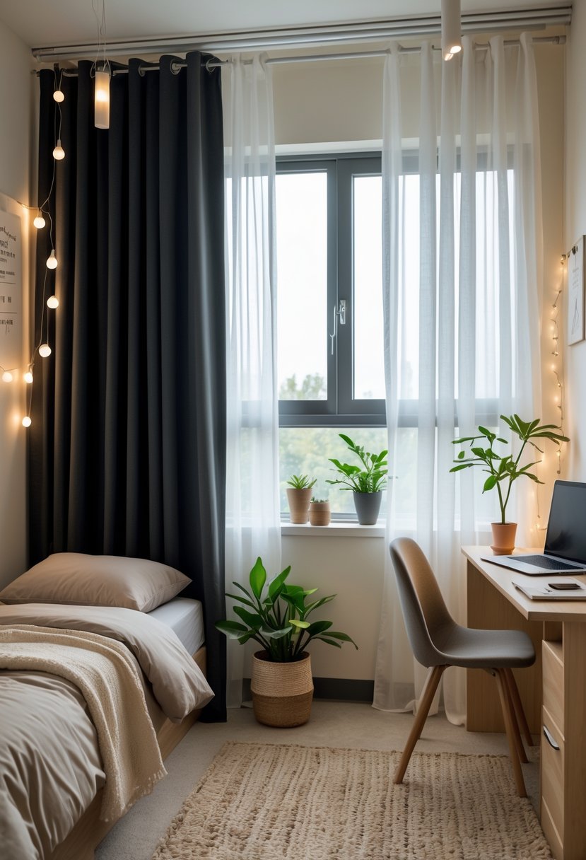 21 Aesthetic Dorm Room Designs For A Stylish And Functional Space 23 A dorm room with a window covered by dark blackout curtains and white sheer curtains, featuring a bed, desk, chair, and plants.