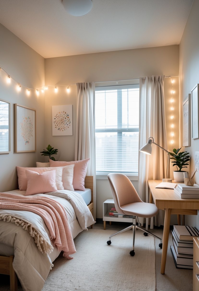 21 Aesthetic Dorm Room Designs For A Stylish And Functional Space 24 A neatly arranged dorm room with a bed, desk, chair, window, and decorative items creating a cozy and organized living space.