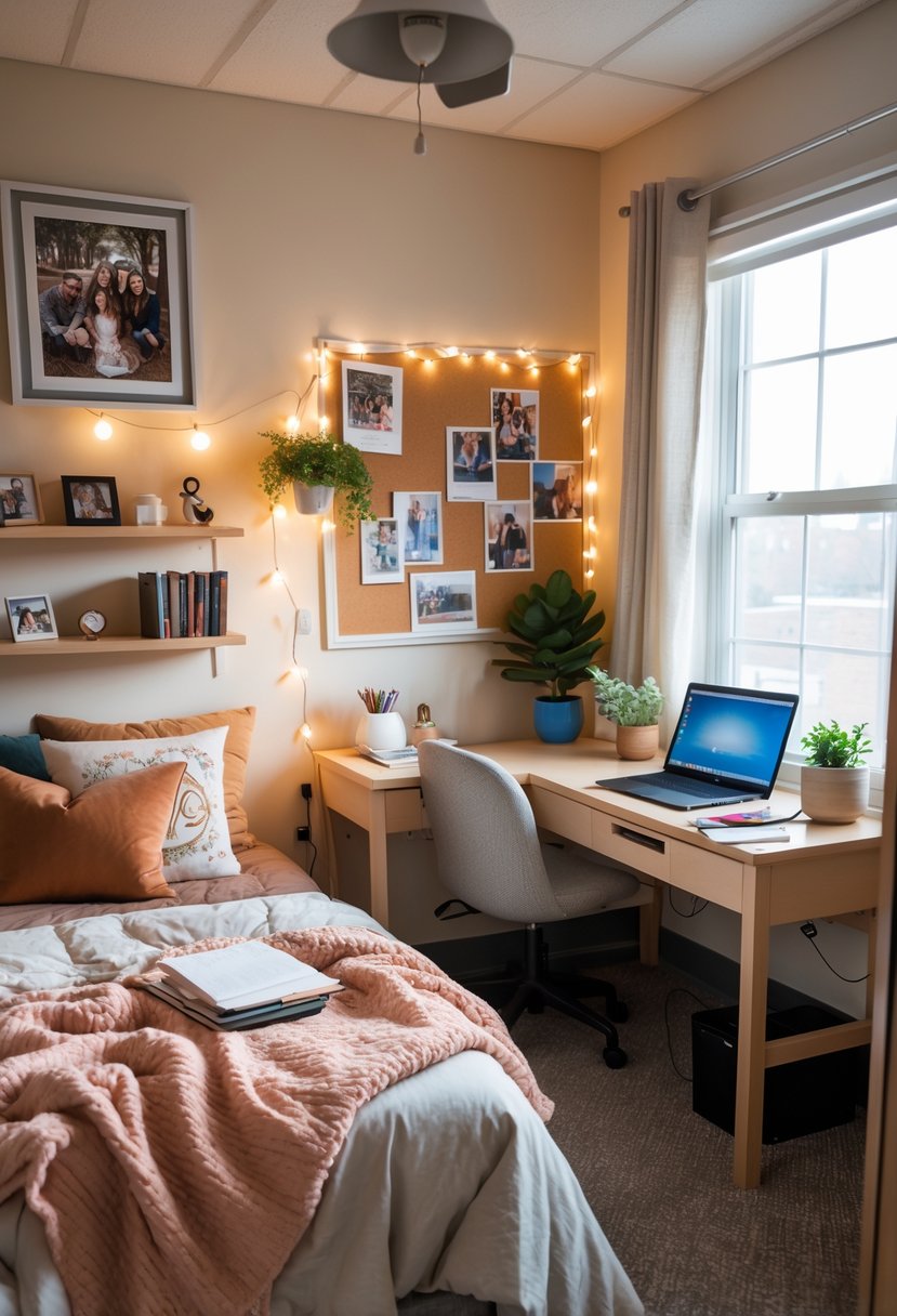 21 Aesthetic Dorm Room Designs For A Stylish And Functional Space 25 A well-organized dorm room with a made bed, desk with laptop and plants, wall decorations, and natural light coming through a window.