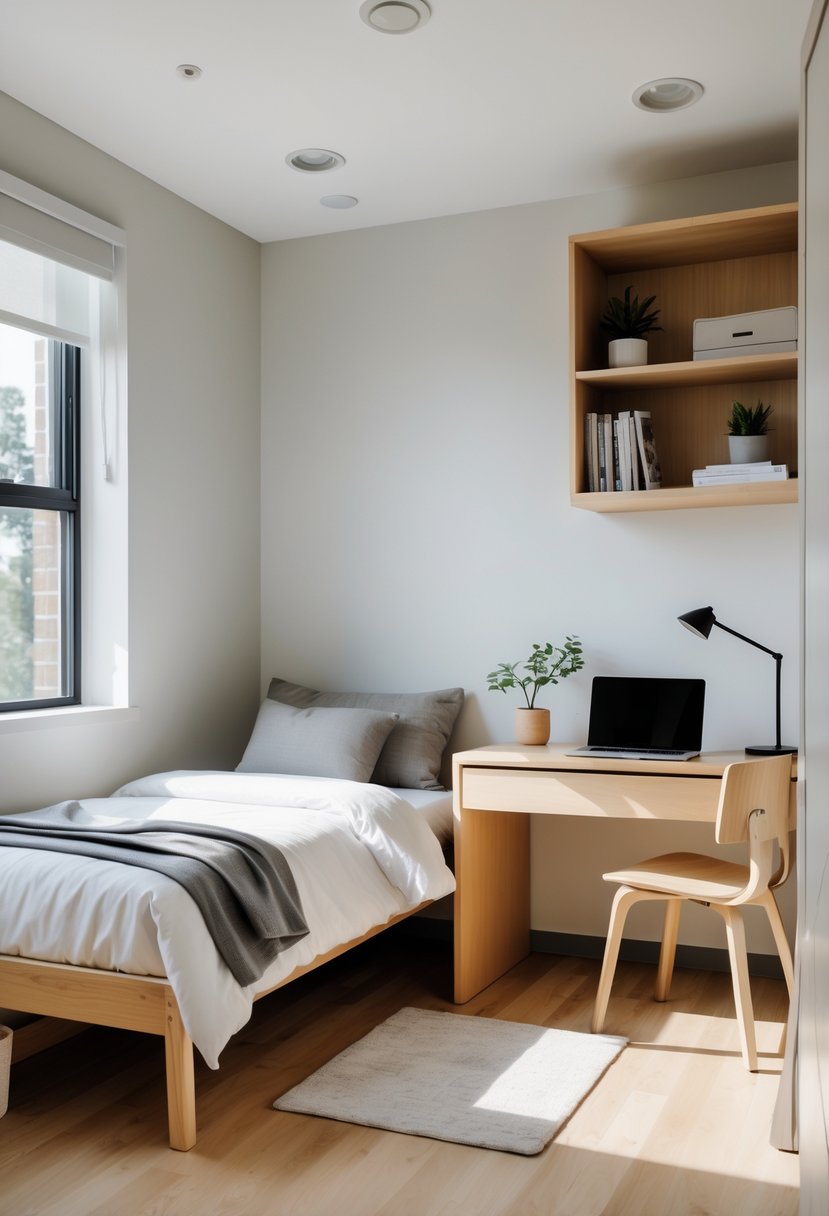 22 Minimalist Dorm Room Design Ideas for a Stylish and Functional Space 2 A clean and organized dorm room with a bed, desk, chair, laptop, and a small plant.