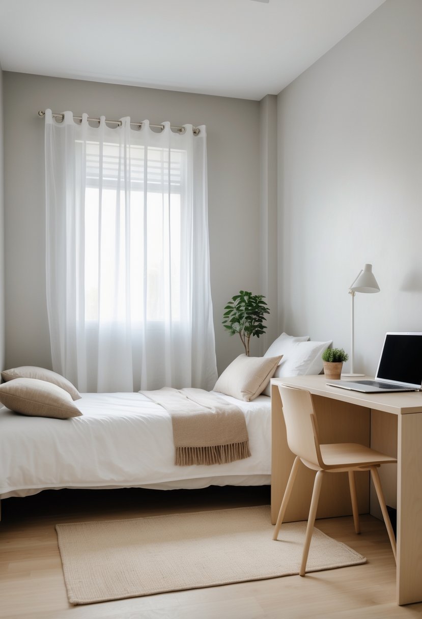 22 Minimalist Dorm Room Design Ideas for a Stylish and Functional Space 3 A clean and simple dorm room with a bed, desk, lamp, and a small plant near a window with sheer curtains.