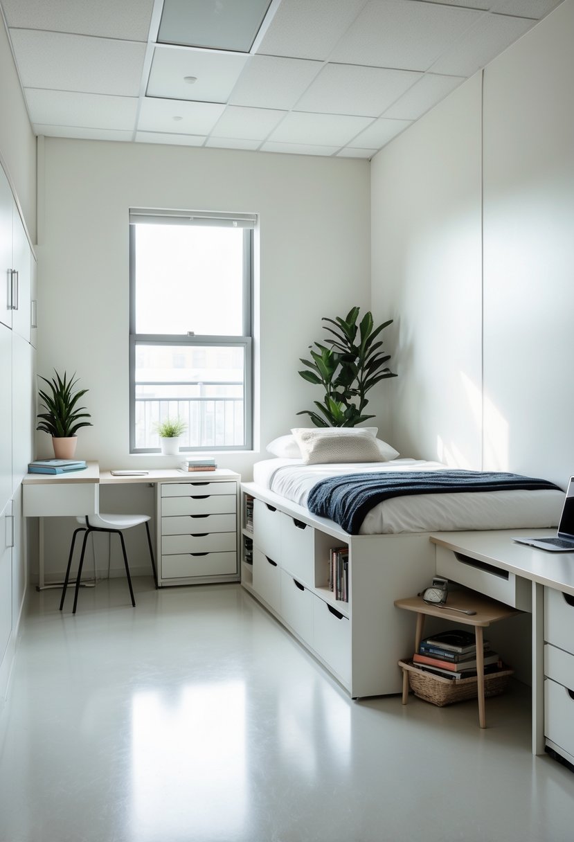22 Minimalist Dorm Room Design Ideas for a Stylish and Functional Space 4 A dorm room with a bed that has storage drawers underneath, a desk with a laptop, a chair, and plants near a window.