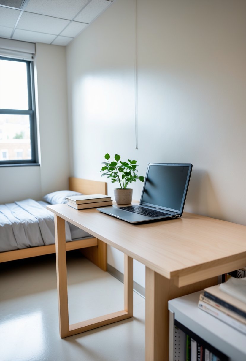 22 Minimalist Dorm Room Design Ideas for a Stylish and Functional Space 6 A tidy dorm room with a simple wooden desk holding a laptop, a small plant, and books, next to a bed and a window letting in natural light.
