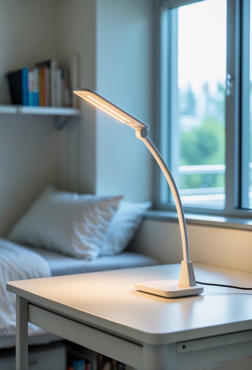 22 Minimalist Dorm Room Design Ideas for a Stylish and Functional Space 7 A neat dorm room with a desk featuring a sleek adjustable desk lamp, a bed, and a small bookshelf.