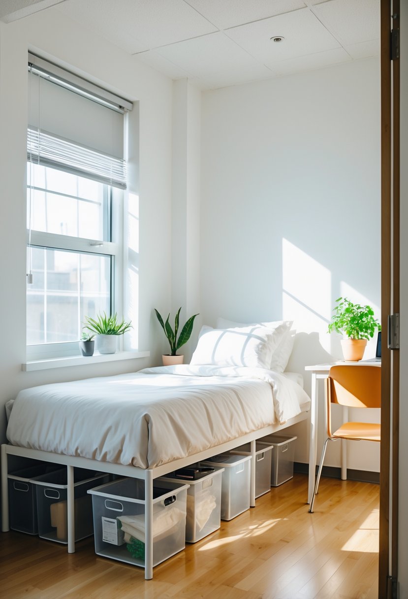 22 Minimalist Dorm Room Design Ideas for a Stylish and Functional Space 8 A tidy dorm room with a bed and clear storage bins neatly placed underneath, a desk with a laptop and a plant, and natural light coming through a window.