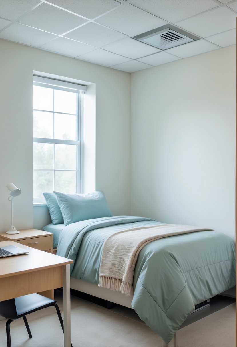 22 Minimalist Dorm Room Design Ideas for a Stylish and Functional Space 9 A tidy dorm room with a bed made in solid calming colors, a desk with a lamp and laptop, and natural light coming through a window.