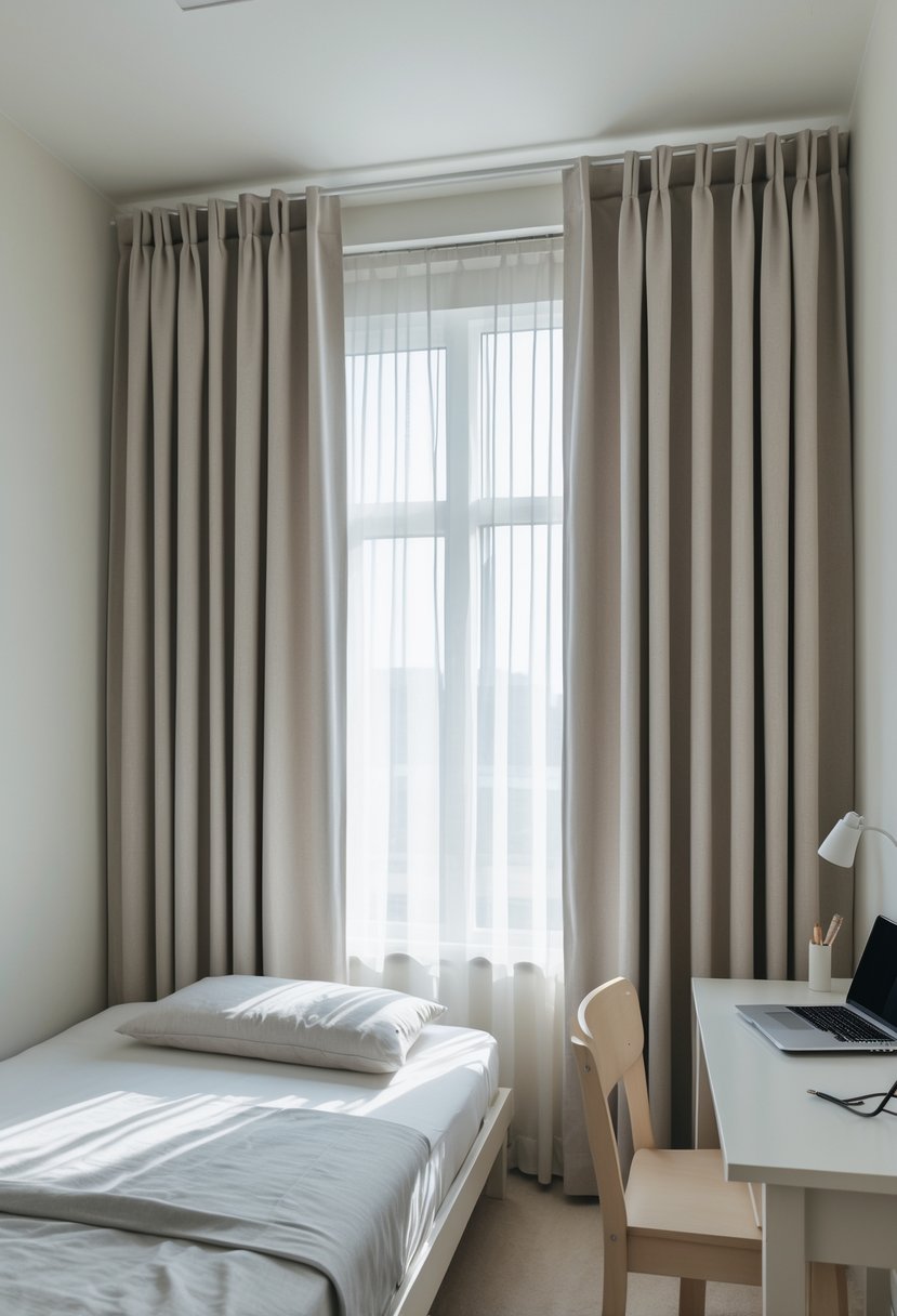 22 Minimalist Dorm Room Design Ideas for a Stylish and Functional Space 10 A small dorm room with a bed, desk, chair, and neutral blackout curtains covering a window.