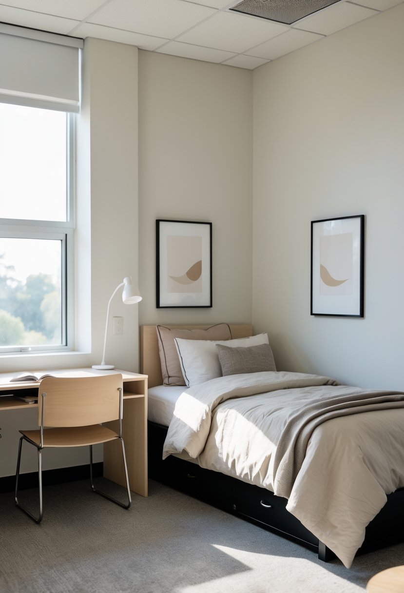 22 Minimalist Dorm Room Design Ideas for a Stylish and Functional Space 11 A tidy dorm room with a bed, desk, and one or two framed prints on the wall.