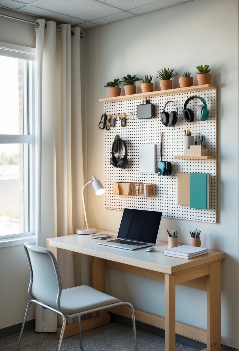 22 Minimalist Dorm Room Design Ideas for a Stylish and Functional Space 12 A dorm room with a pegboard organizing accessories and supplies above a desk with a laptop and books.
