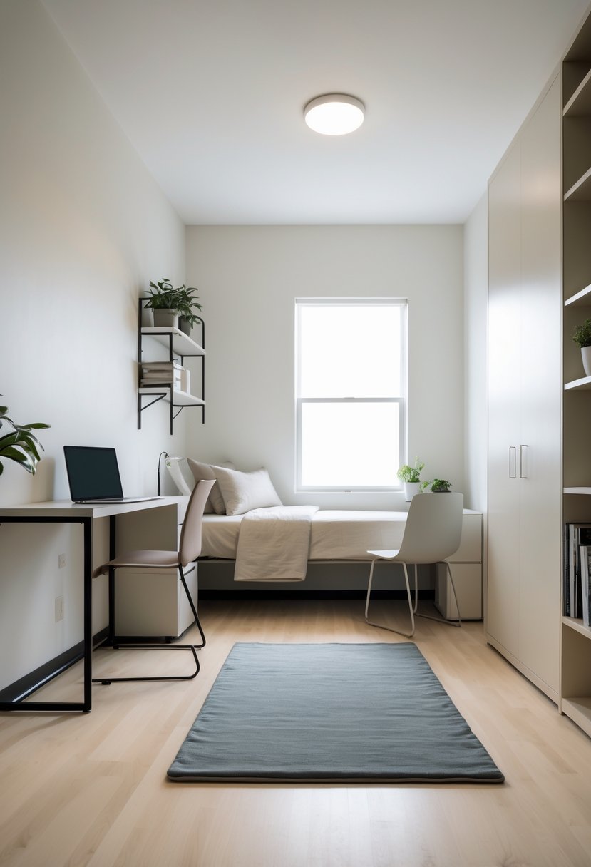 22 Minimalist Dorm Room Design Ideas for a Stylish and Functional Space 13 A clean dorm room with a small muted color rug on the floor, a bed, desk with laptop, chair, and shelves with books and plants.