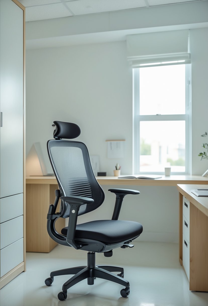 22 Minimalist Dorm Room Design Ideas for a Stylish and Functional Space 14 A compact ergonomic chair next to a simple desk in a small, tidy dorm room with white walls and natural light.