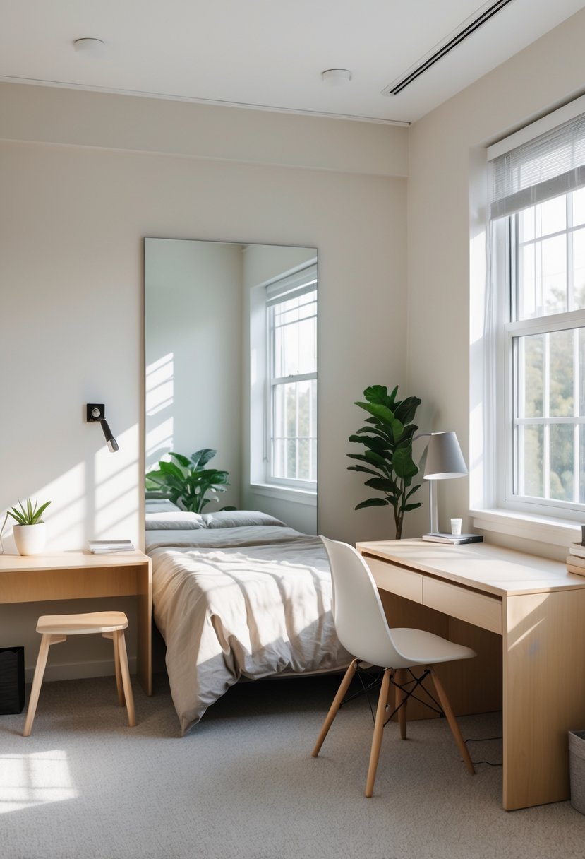 22 Minimalist Dorm Room Design Ideas for a Stylish and Functional Space 15 A tidy dorm room with a large wall mirror, a desk, a bed, and natural light coming through a window.