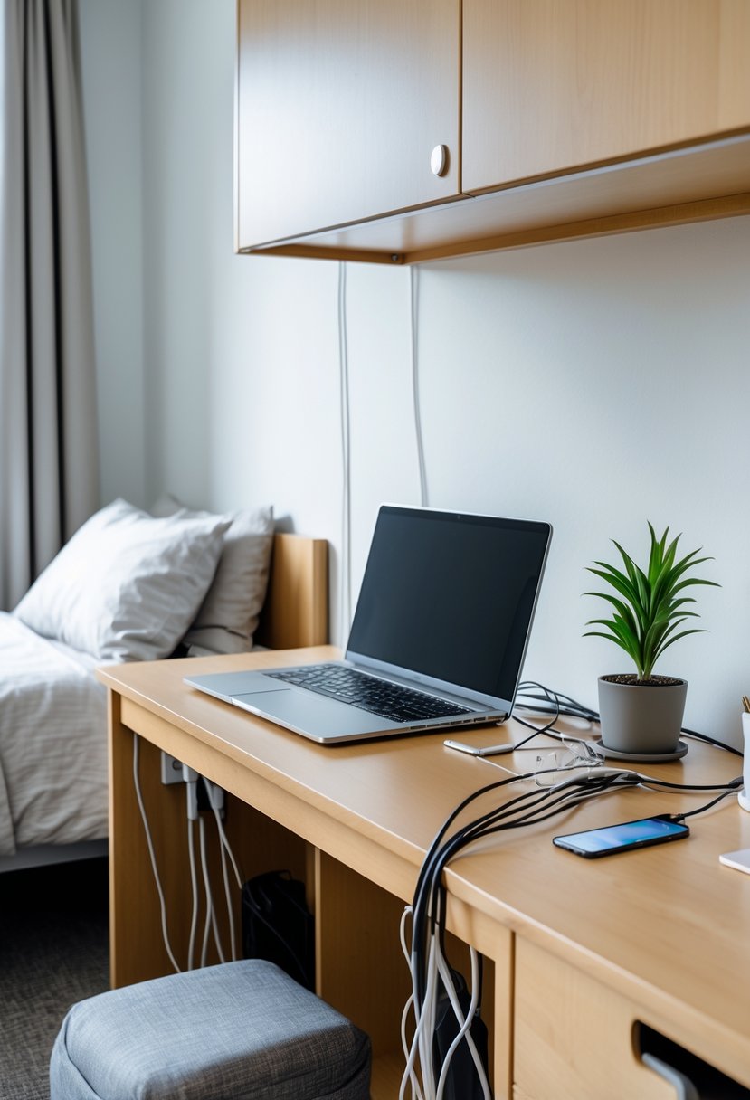 22 Minimalist Dorm Room Design Ideas for a Stylish and Functional Space 16 A tidy dorm room with a desk, laptop, potted plant, and neatly organized cables using cable organizers.