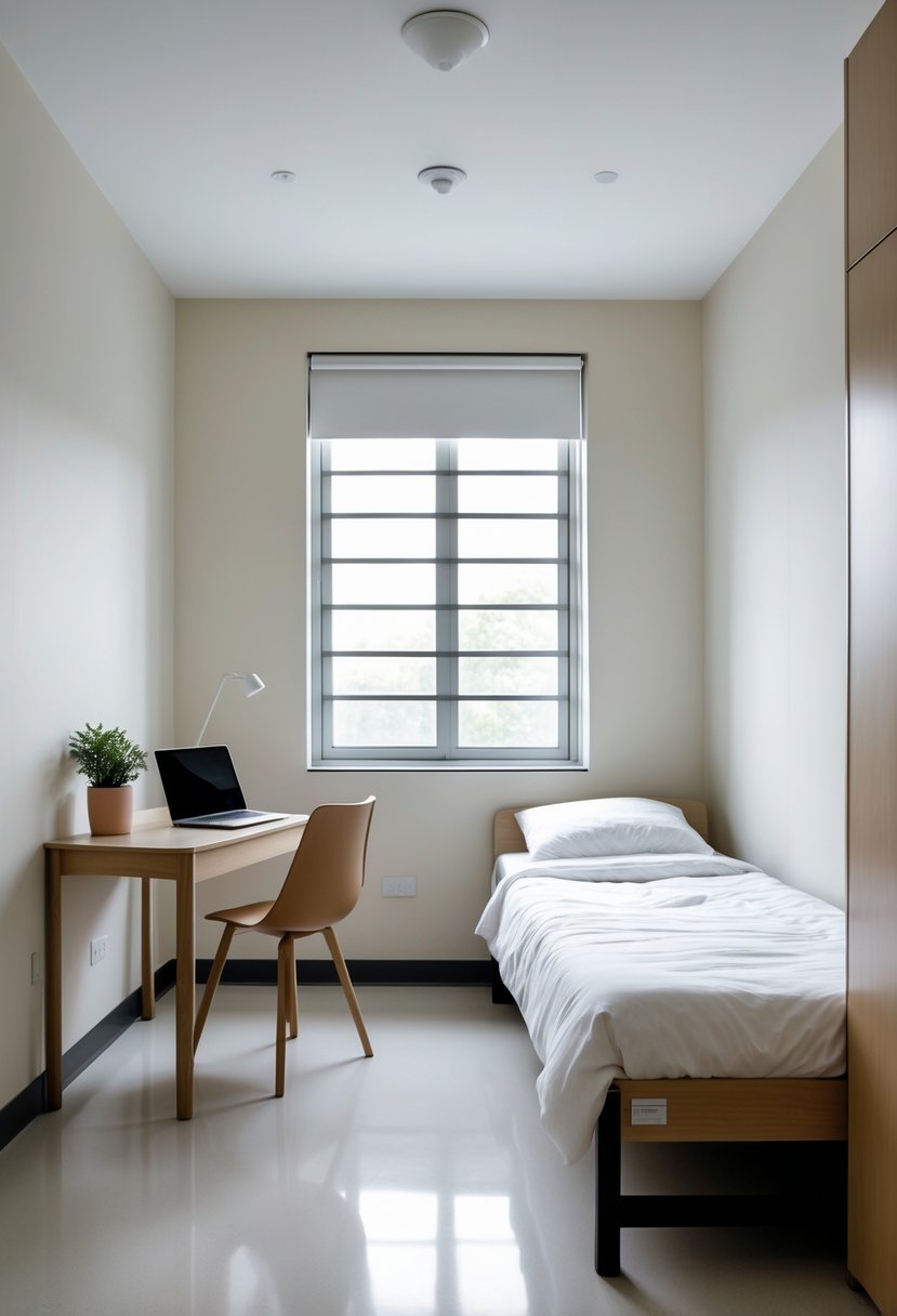 22 Minimalist Dorm Room Design Ideas for a Stylish and Functional Space 17 A clean and simple dorm room with a bed, desk, chair, and a small plant, free of clutter.