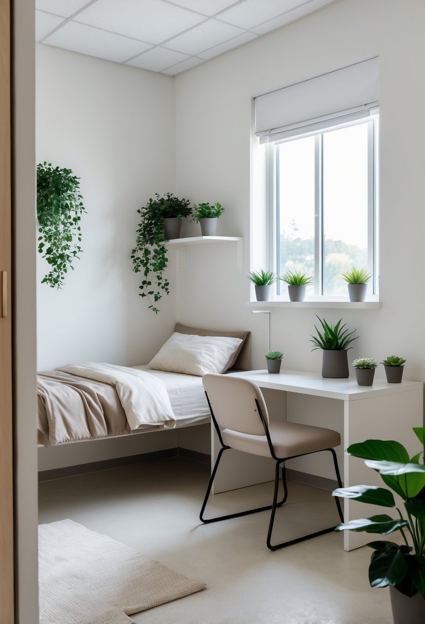 22 Minimalist Dorm Room Design Ideas for a Stylish and Functional Space 18 A tidy dorm room with a bed, desk, chair, and several small potted plants adding greenery.