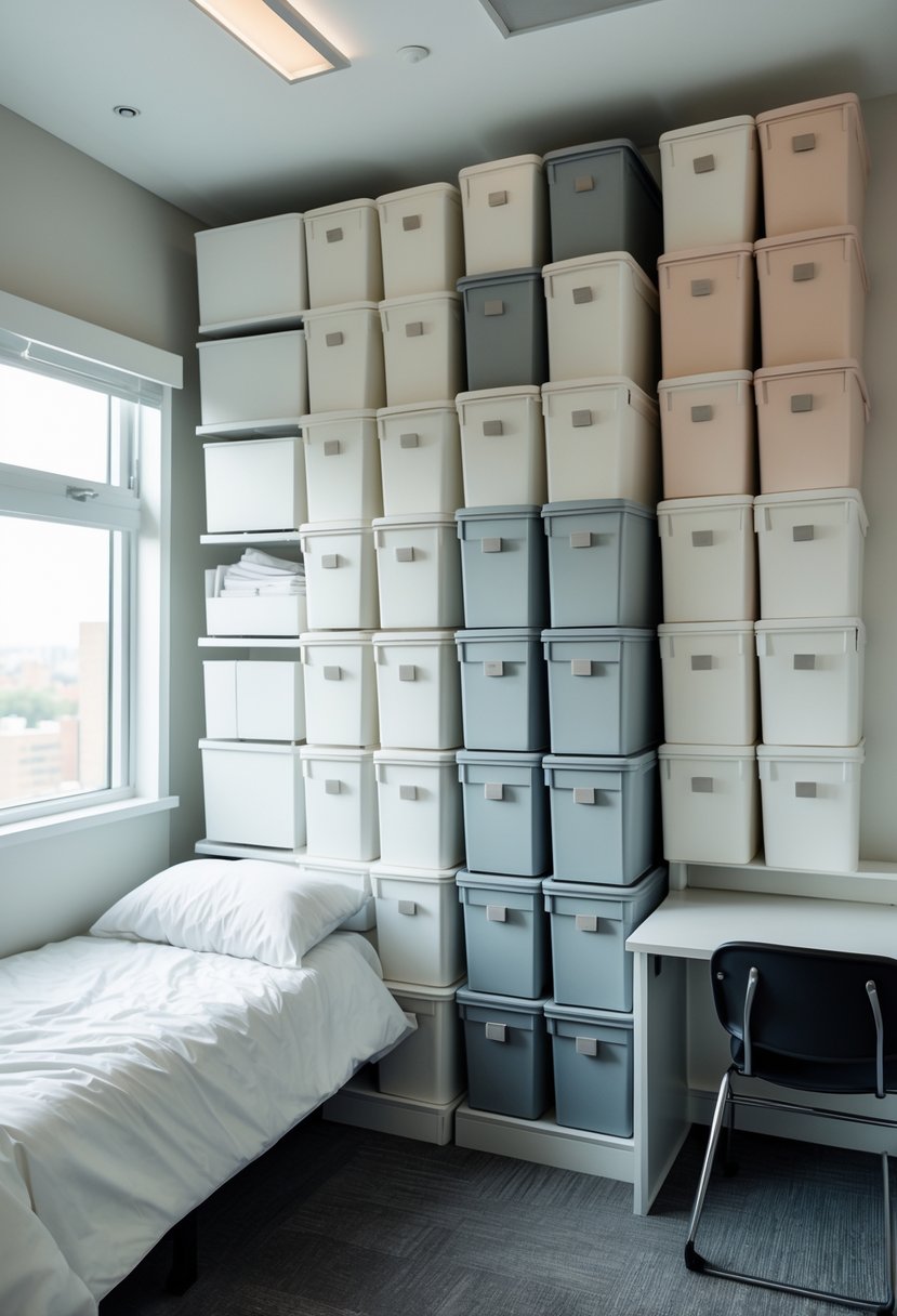 22 Minimalist Dorm Room Design Ideas for a Stylish and Functional Space 19 A tidy dorm room with stackable storage boxes neatly arranged against a wall, a bed, and a desk with natural light.