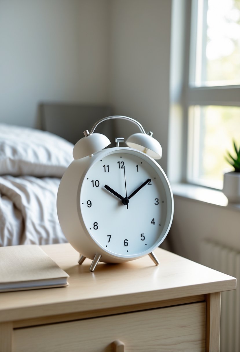 22 Minimalist Dorm Room Design Ideas for a Stylish and Functional Space 20 A minimalist alarm clock on a wooden bedside table in a tidy dorm room with soft natural light.