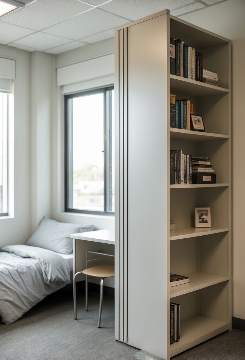 22 Minimalist Dorm Room Design Ideas for a Stylish and Functional Space 21 A small dorm room with a vertical bookshelf, a bed, and a desk, all neatly arranged.